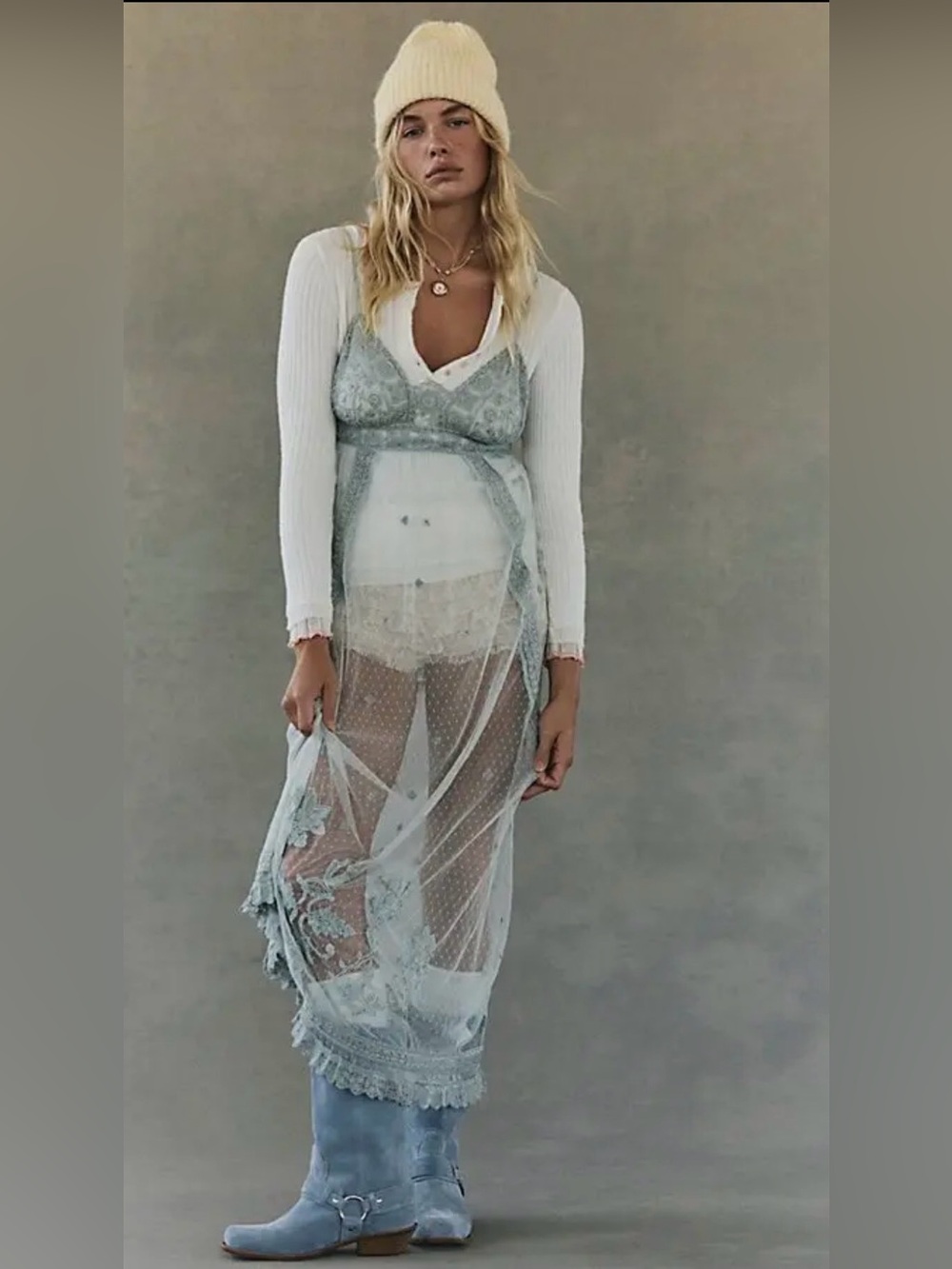 Free People So Into You Sheer Lace Maxi Slip Dress in Pale Blue size L